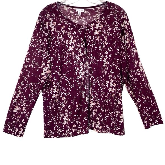 GARNET HILL Signature Eco Merino Wool Cardigan Sweater Size XL Floral Red White - Picture 1 of 16